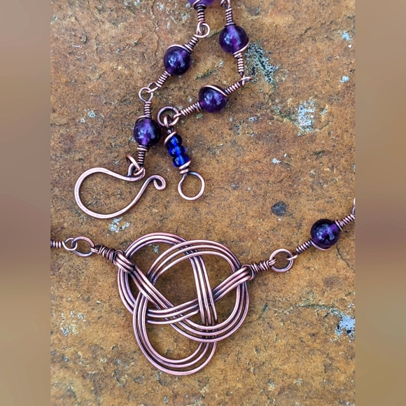 Celtic Jewelry Set Necklace and Earrings Amethyst Gemstone Beads Evening Artisan - Picture 5 of 14